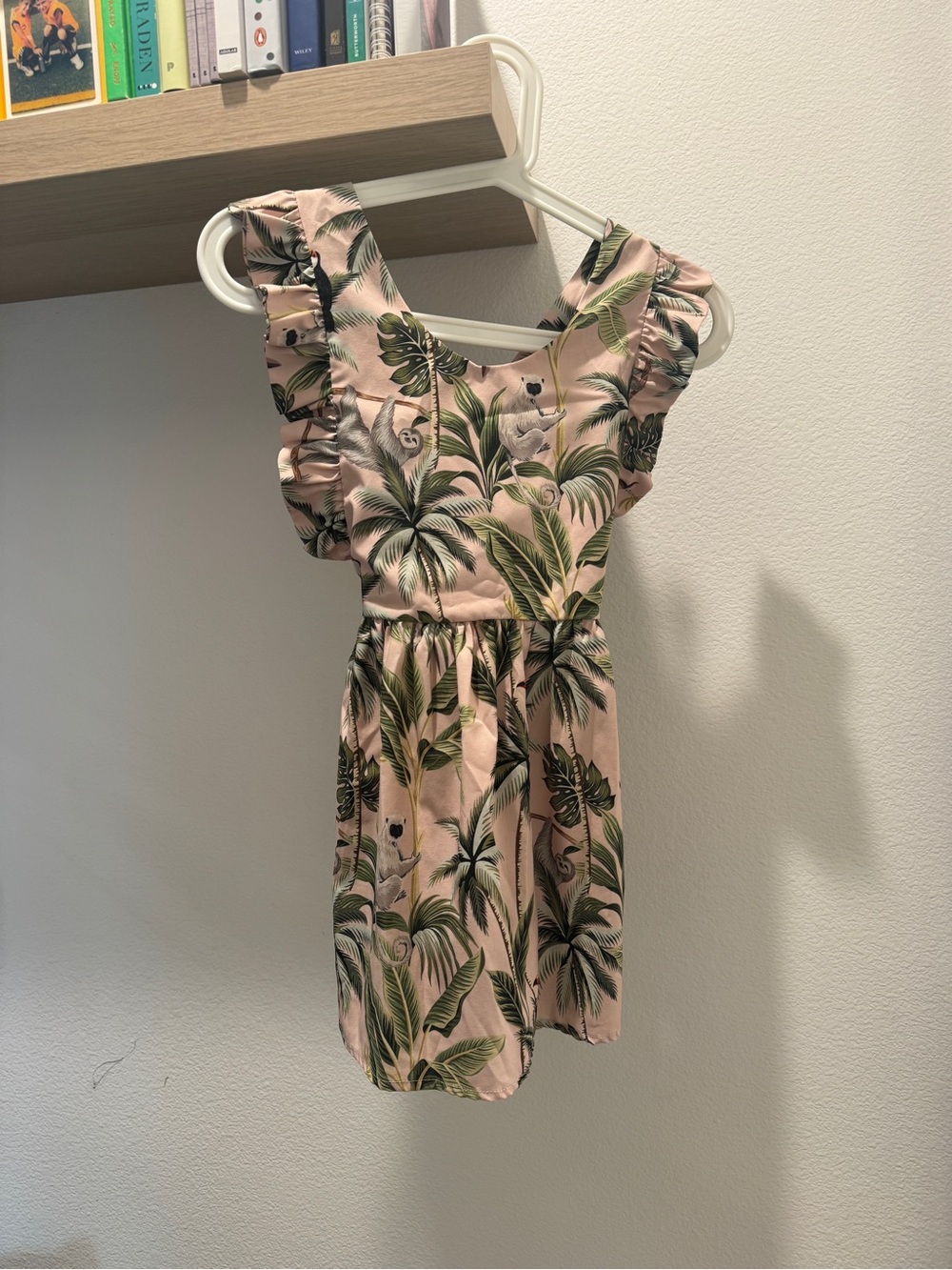 Girls Pink Tropical Palm Print Ruffle Dress